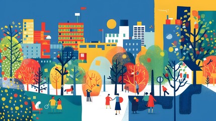 Colorful City Park Illustration with People and Buildings