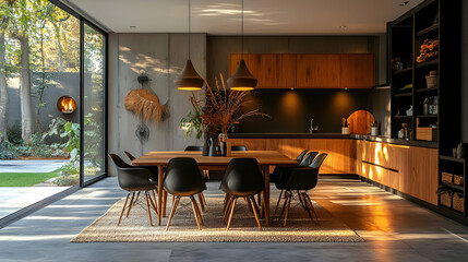 Modern dining area with wooden accents and large windows, blending indoor and outdoor spaces.