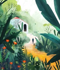 Canvas Print - A Man Walking Through a Lush Garden Towards a Small House