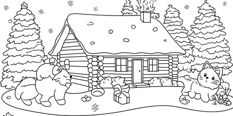 Wall Mural - Winter Cabin with Animals Coloring Page