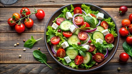 Fresh and colorful salad with mixed greens, cherry tomatoes, cucumbers, and feta cheese, healthy, organic, meal