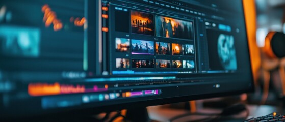 computer monitor screen display of photo video editing process with modern software background wallp