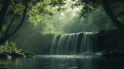 Wall Mural - Tranquil waterfall cascading in vibrant green wilderness image