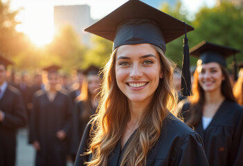 Wall Mural - Portrait of a joyful female graduate with blurred students in the sunny background.