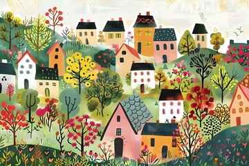 Wall Mural - Colorful Illustration of a Small Town with Houses and Trees