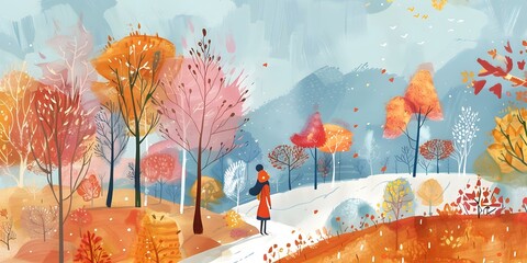 Sticker - Autumn Landscape with Woman Walking in the Woods