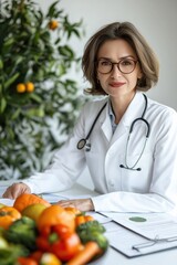 A woman doctor is sitting at a desk with a bowl of vegetables in front of her. She is wearing a white lab coat and glasses