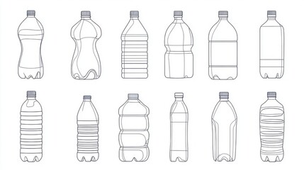 Set of water bottle shapes illustrated with thin line designs, vector format.