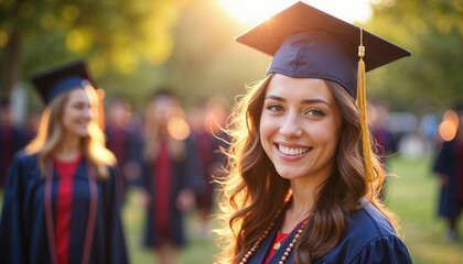 Wall Mural - Portrait of a joyful female graduate with blurred students in the sunny background.