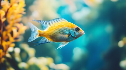 Vibrant yellow fish swimming gracefully among colorful coral in a tropical ocean habitat