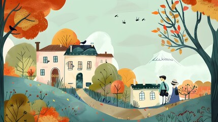 Autumn Illustration of Couple Walking by the Countryside House