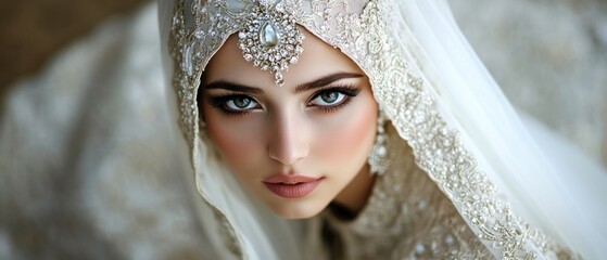 Beautiful woman asian muslim model with traditional bridal make up regional customs background wallpaper AI generated image