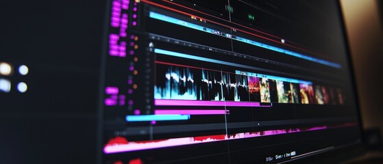 Fototapete - Computer monitor screen display of photo video editing process with modern software background wallpaper AI generated image
