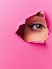 A woman's eye is shown through a hole in a pink background