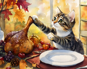 Wall Mural - A curious cat on a Thanksgiving dinner table reaching drumstick turkey