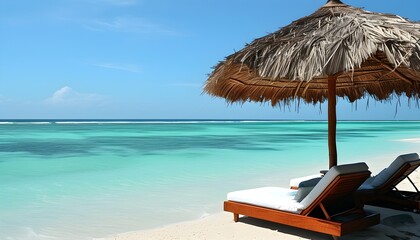 Wall Mural - Serene beach retreat featuring sun loungers beneath a thatched umbrella with pristine turquoise waters in the background