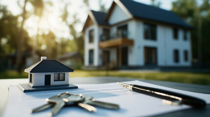 House contracts, a set of keys, and a small model of a home are neatly arranged on an outdoor table, with a newly built residence in the background, capturing the essence of finali