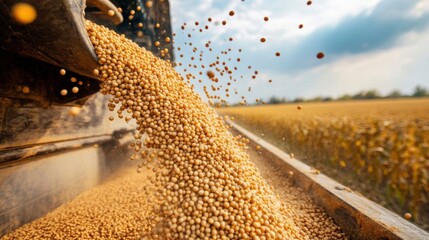 Pouring soy bean grain into tractor trailer after harvest at field.