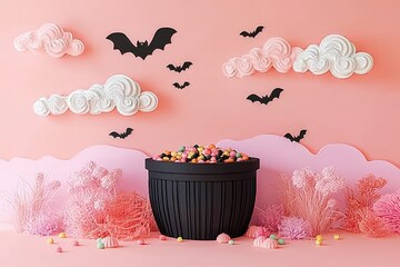 Wall Mural - Spooky Halloween decor with pumpkins, bats, and clouds against pink background