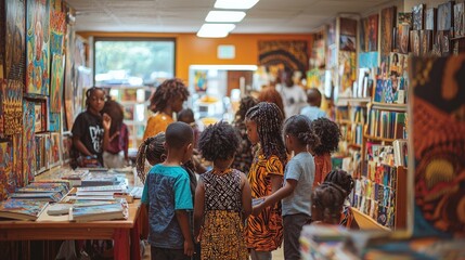 Children exploring art in a vibrant cultural bookstore