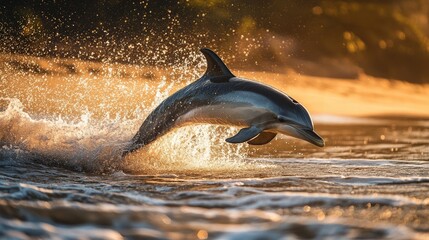 A dolphin splashing in the shallow waters near the shore, with golden sand and gentle waves in the background, capturing a peaceful yet playful moment in nature.