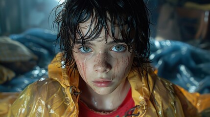 Wall Mural - A young boy with wet hair and a yellow raincoat looks at the camera with a serious expression.