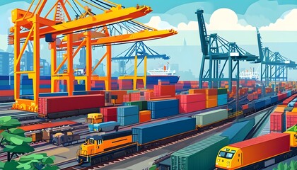 Wall Mural - Dynamic cargo port scene with cranes, containers, and a train in vibrant colors