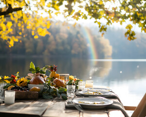 Wall Mural - A peaceful lakeside Thanksgiving meal with a rainbow