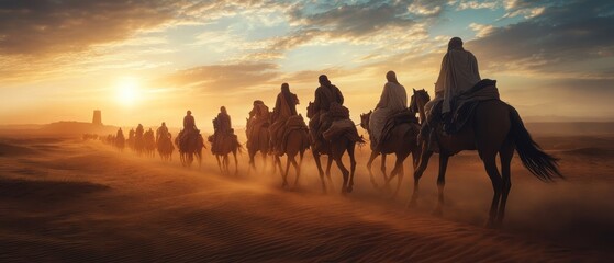 Wall Mural - Mysterious ancient Arabian military soldiers troops on horseback in the desert background wallpaper AI generated image