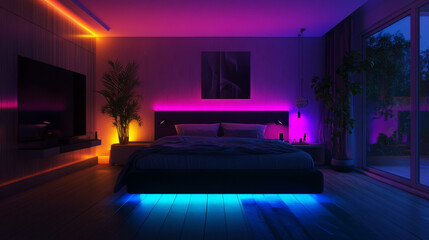 Wall Mural - A bedroom at night, with colorful lights illuminating the room. This is a computer-generated image.