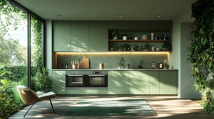 Modern kitchen with green cabinetry, plants, and natural light, promoting a serene atmosphere.