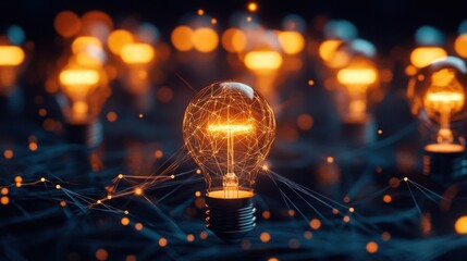 Wall Mural - Light Bulb Network, Connected light bulbs illuminate a dark space, representing the power of creativity and innovation in sparking breakthrough ideas for business growth
