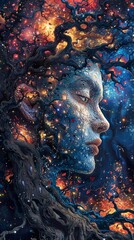 Wall Mural - A woman's face is half-hidden within a colorful, swirling tree.