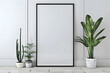 © tfk - Poster mockup with vertical black frame in white wall interior background 3D render mockup. Generative Ai.