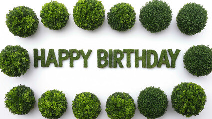 Wall Mural - happy birthday word shrubs trimmed on white background