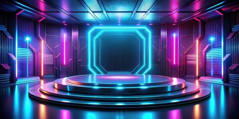 Futuristic cyberpunk gaming display podium with abstract background,  rendering, gamer technology, sci-fi, gaming, stage