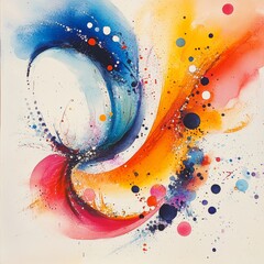 Sticker - Abstract Watercolor Painting with Blue  Orange  and Pink Swirls and Splashes