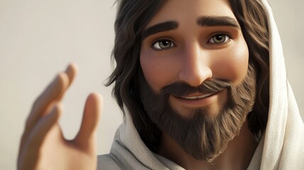 Canvas Print - A close-up 3D cartoon of Jesus Christ's face, with a warm, inviting smile and his hand raised in blessing, with a simple, flowing beard and soft, kind eyes