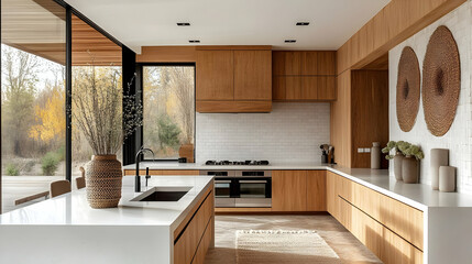 Wall Mural - Modern kitchen with wooden cabinetry, white countertops, and large windows for natural light.