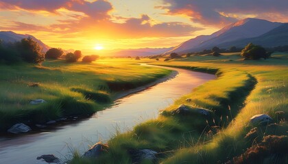 Tranquil riverside at sunset with golden light illuminating the grassy landscape