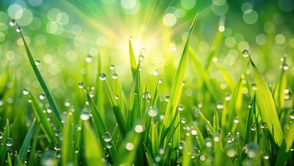 Wall Mural - Vibrant green grass background with dew drops, grass, nature, environment, background, fresh, lush, vibrant, greenery, foliage