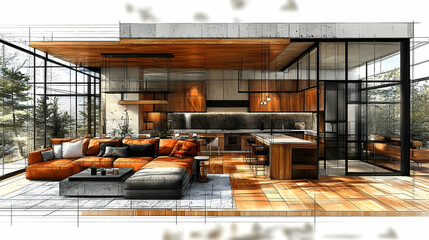 Modern living room design with a blend of wood and glass elements.