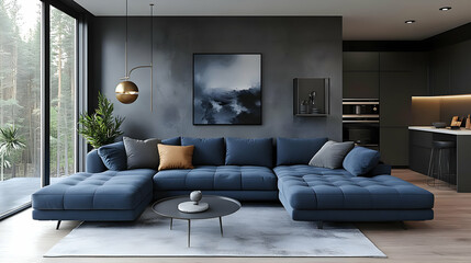 Modern living room featuring a blue sectional sofa and minimalist decor.