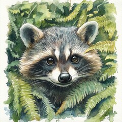 Watercolor Raccoon Portrait in Green Foliage