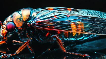 Wall Mural - 3d animation of a detailed neon insect with transparent iridescent wings