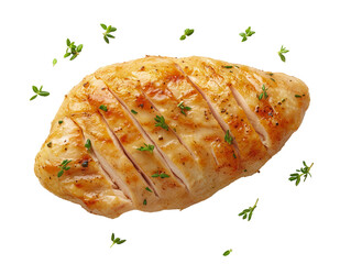 Juicy grilled chicken breast with herbs, sliced and served on a clean white background for a healthy meal concept.