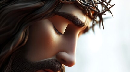 Canvas Print - A close-up 3D cartoon of Jesus Christ's face, with a serene and peaceful expression, his eyes closed in prayer, and a crown of thorns resting gently on his head