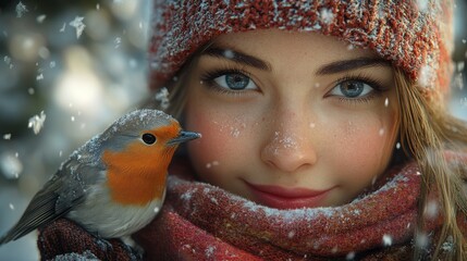 Wall Mural - Young woman in winter attire smiles while holding a small bird, with snowflakes gently falling around them