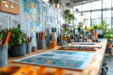 Wall Mural - Artist's Workspace with Natural Light and Colorful Supplies