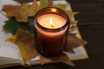 Wall Mural - Burning candle, dry leaves and open book on wooden table, closeup. Autumn atmosphere